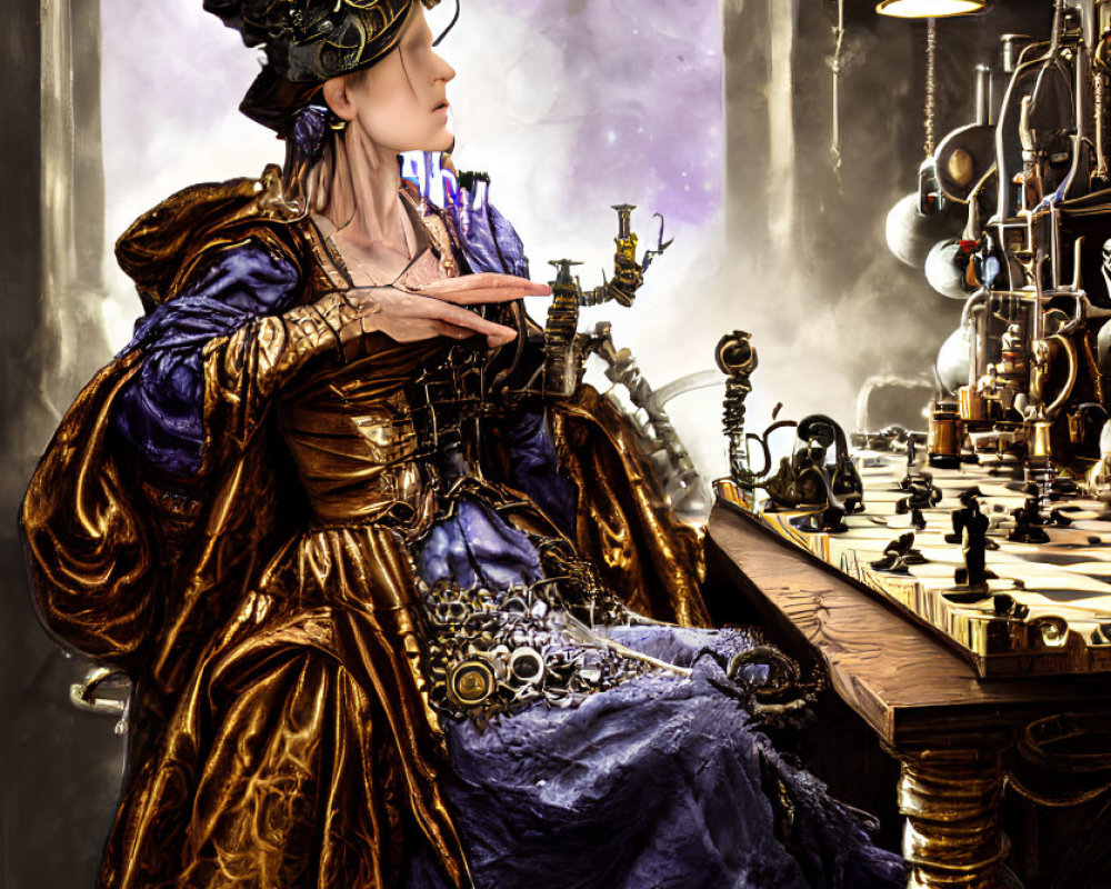 Steampunk-inspired woman at mechanical chessboard with brass devices and purple glow.