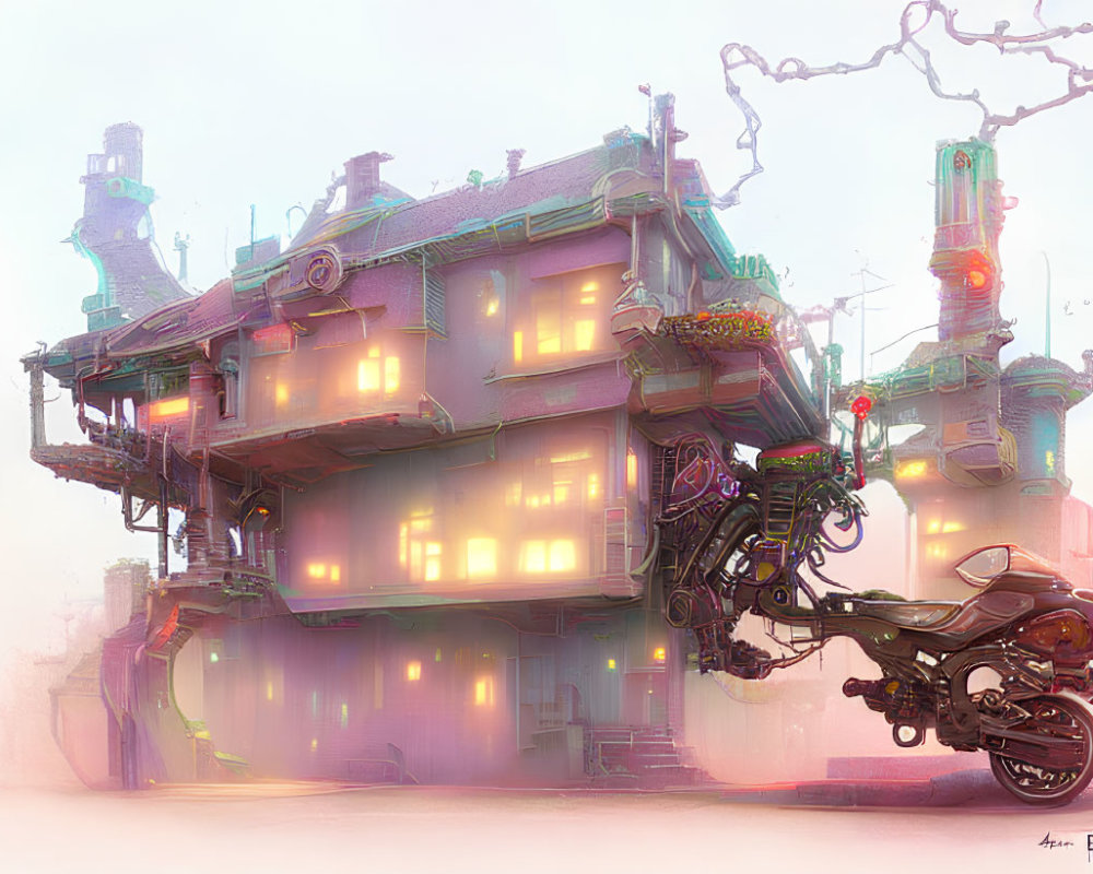Fantastical illuminated steampunk house with hovering motorcycle in mist