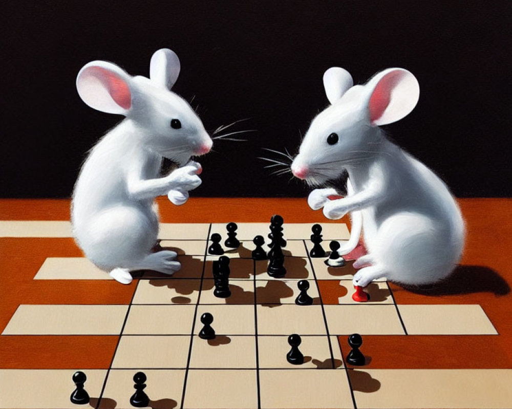 Animated mice playing chess on brown tabletop