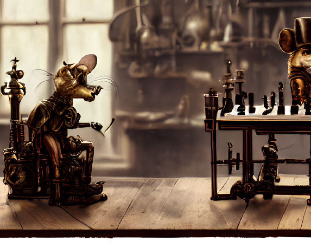 Panoramic steampunk chess game with anthropomorphic mice characters