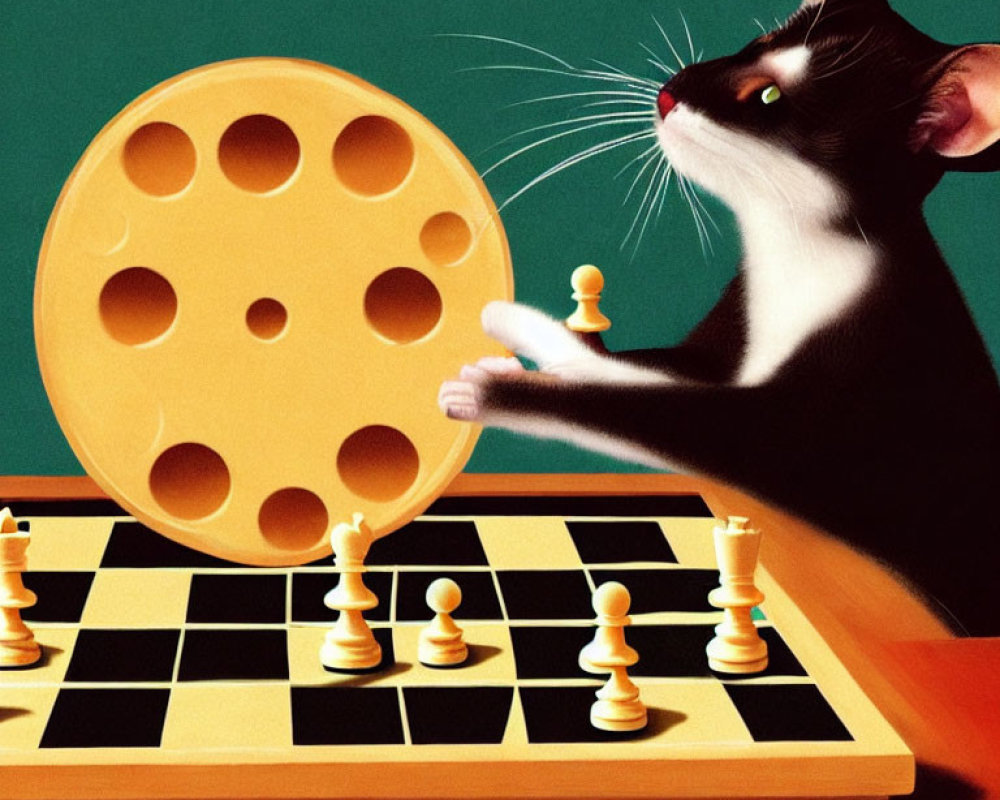 Black and white cat playing chess with giant cheese piece