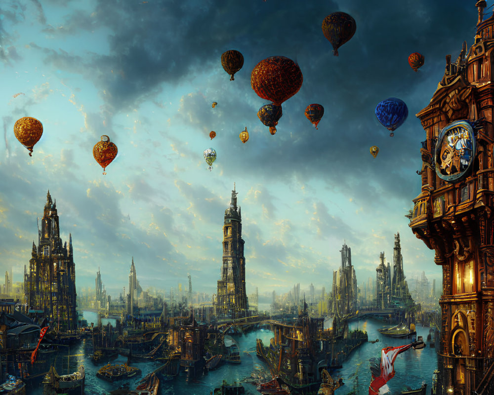 Ornate towers and hot air balloons in a fantastical cityscape