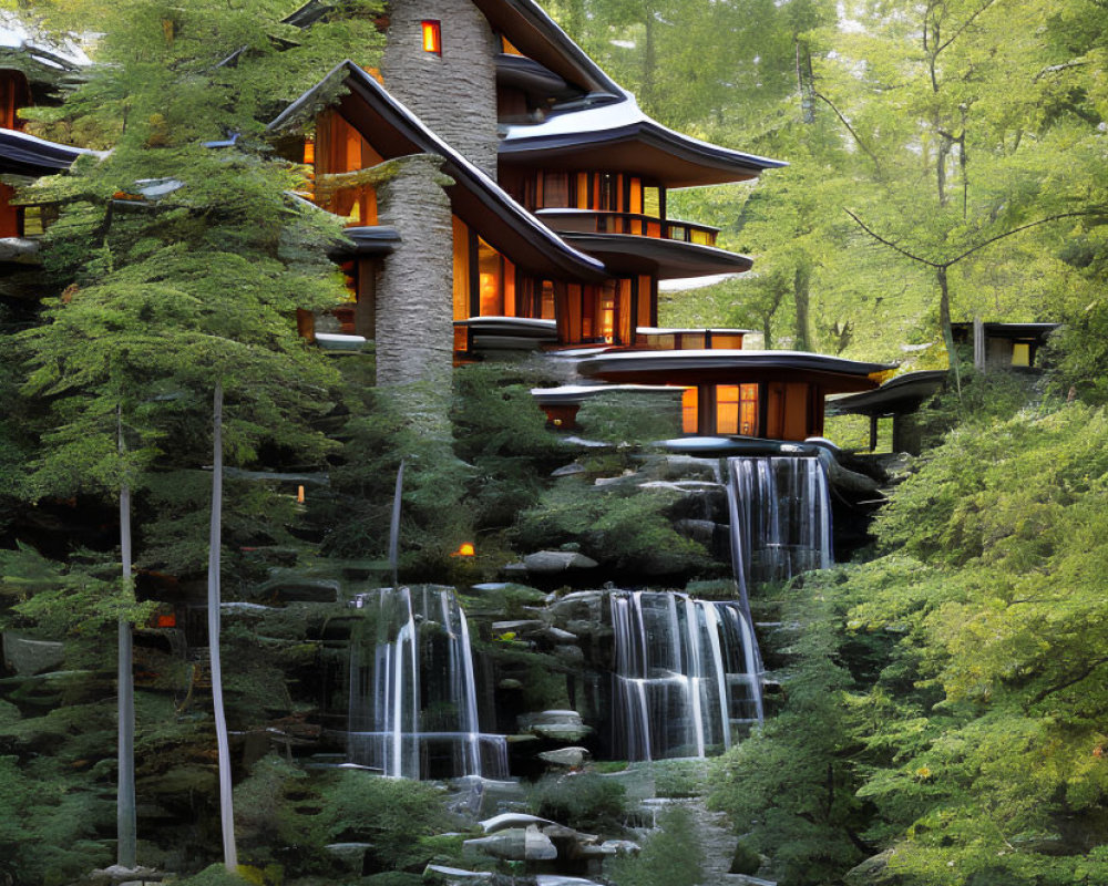 Tranquil multi-level wooden house with waterfall and pond