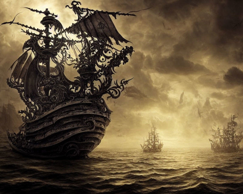Sepia-Toned Ghostly Pirate Ship Sailing in Ominous Sea