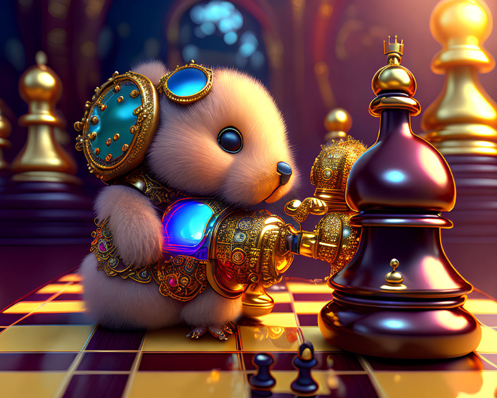 Furry creature in golden armor beside chess pawn on chessboard