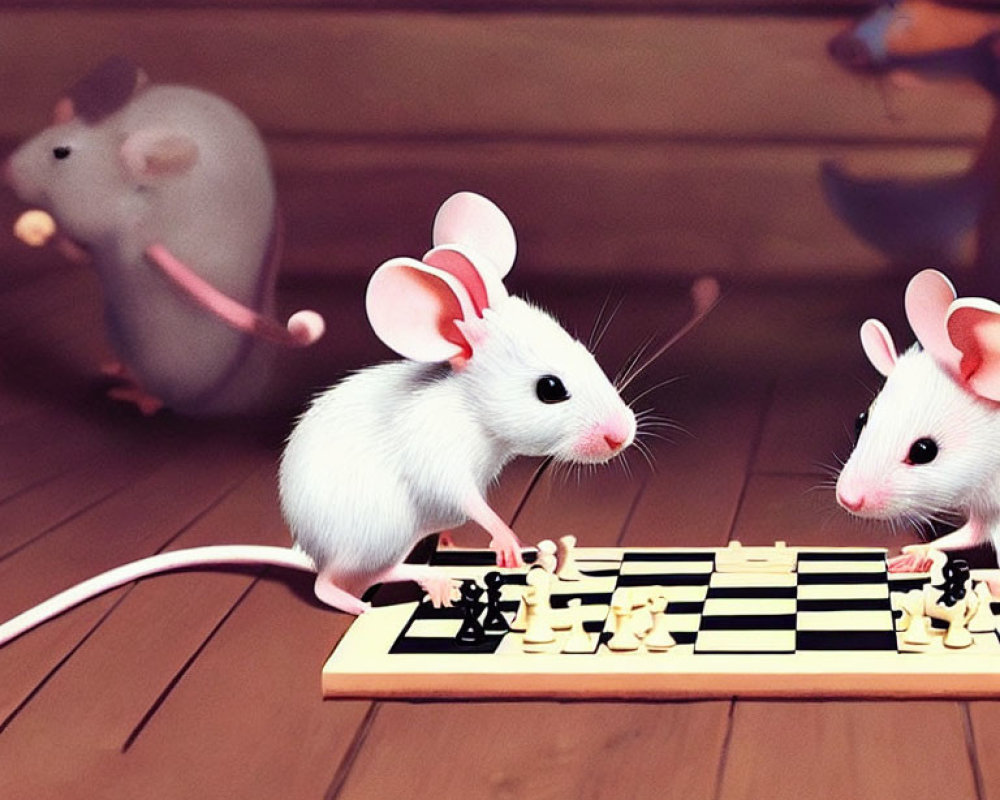 Whimsical animated mice playing chess on wooden floor