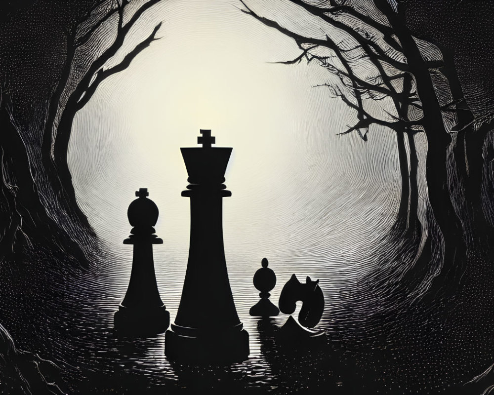 Moonlit Chess Pieces in Silhouette Against Tree-Encircled Clearing