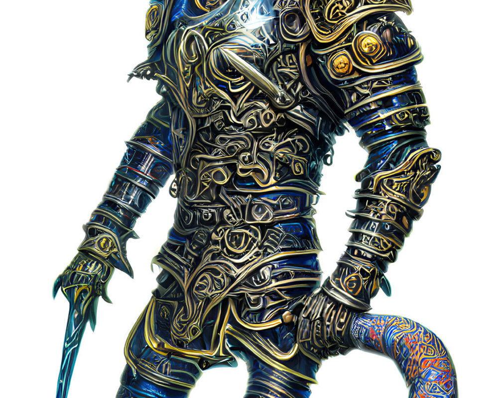 Fantasy character with ornate armor, dual blades, flowing hair, and reptilian tail