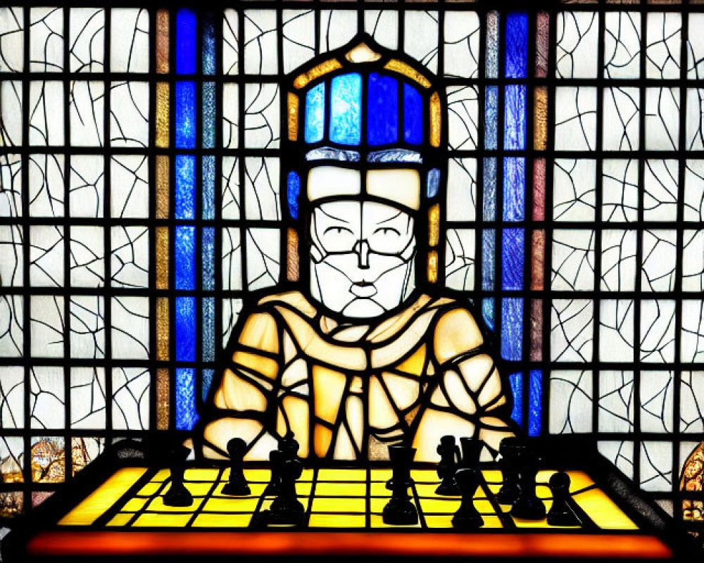 Knight in armor contemplates chess board in stained glass window
