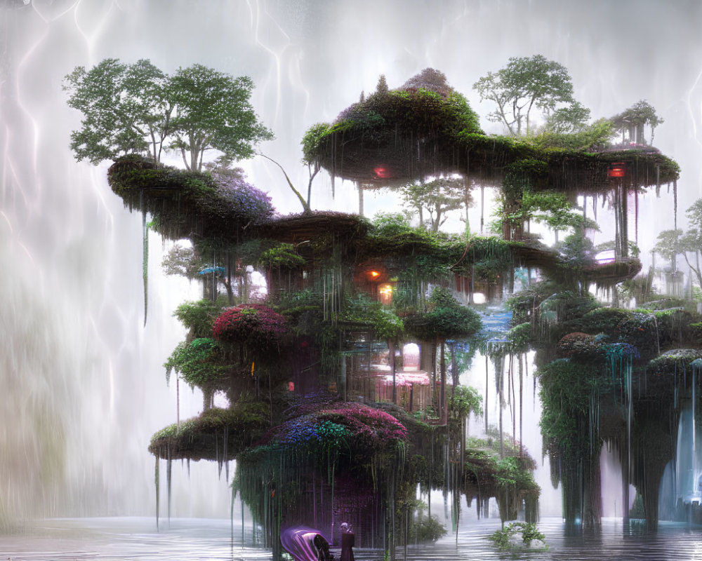 Mystical floating island with greenery and waterfalls in stormy setting