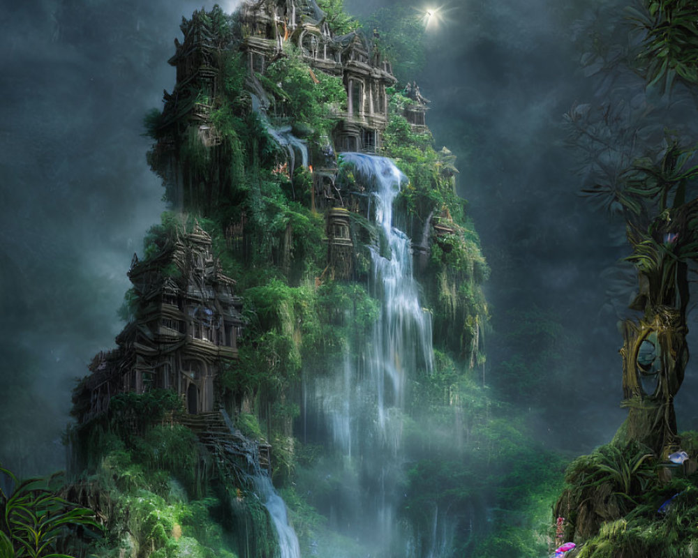 Enchanted forest with waterfall through ancient temple under hazy light