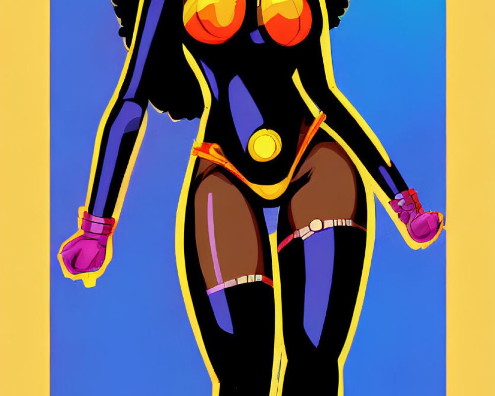Confident female superhero with afro in black and yellow suit against geometric background