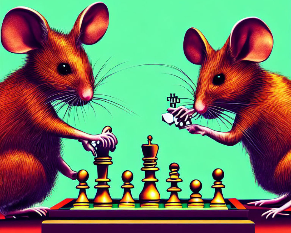 Cartoon mice playing chess with knight piece on red and turquoise background