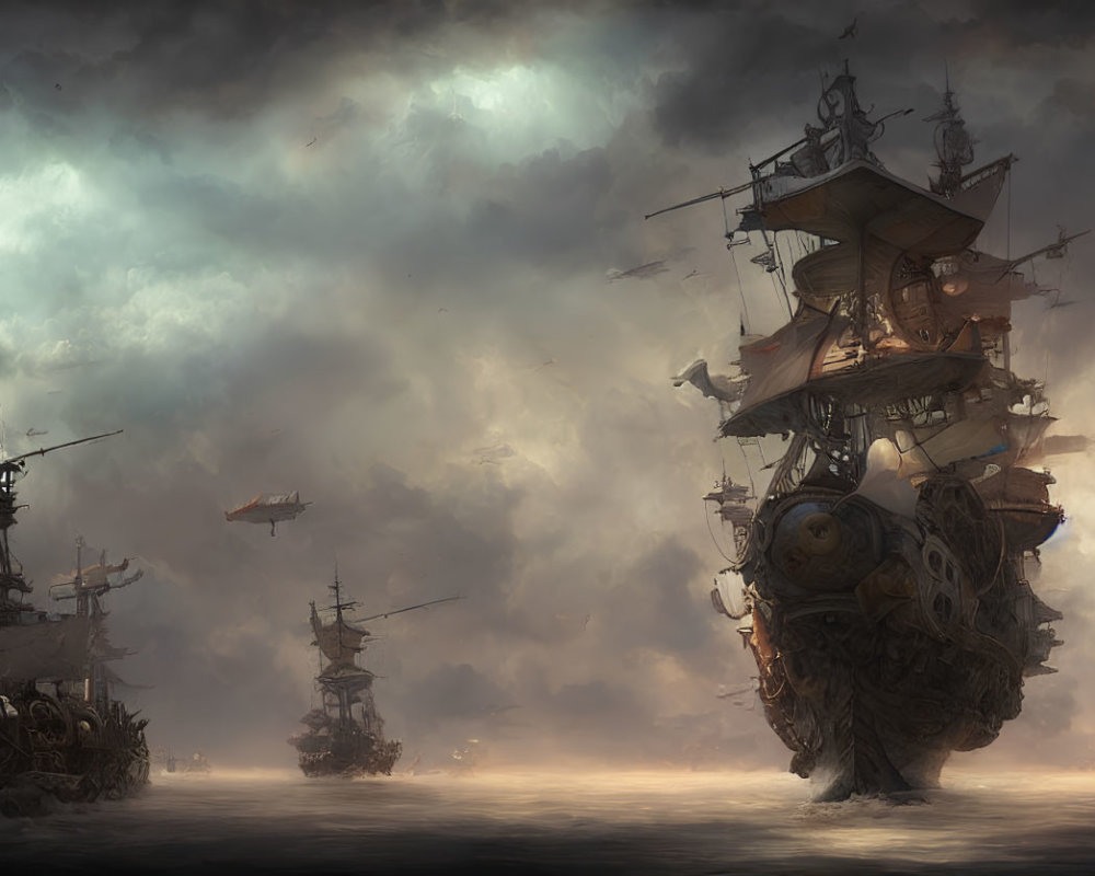 Surreal artwork: Floating ships in dark, cloudy skies with light patch