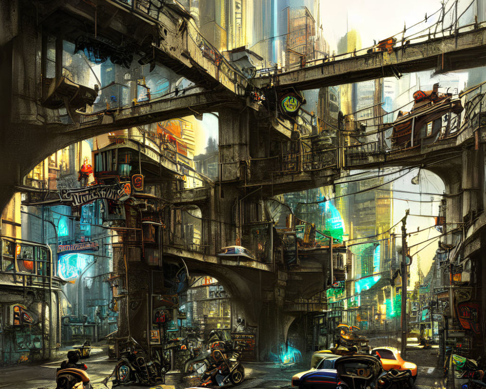 Futuristic cityscape with motorcycles, neon signs, towering buildings, and bridges
