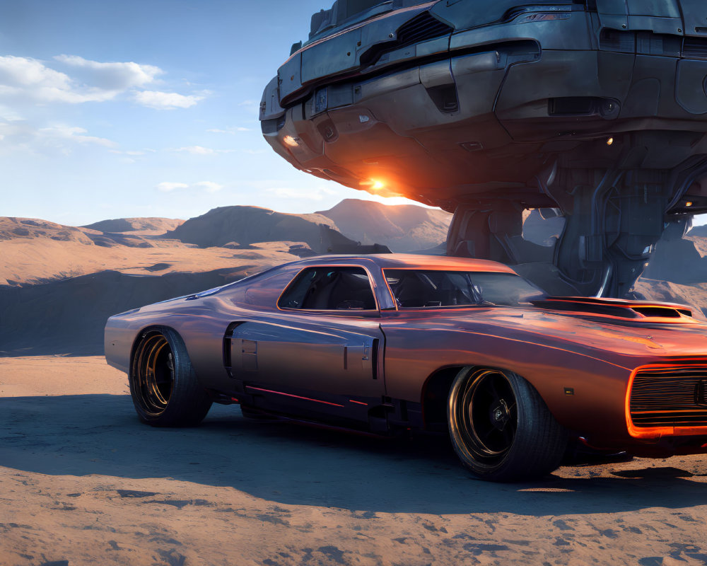 Reflective muscle car parked under futuristic spaceship in desert sunset