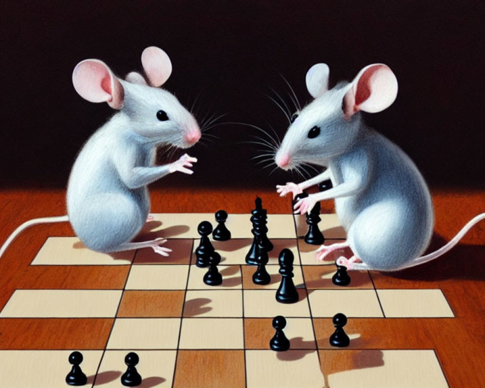 Illustrated mice playing chess on wooden table