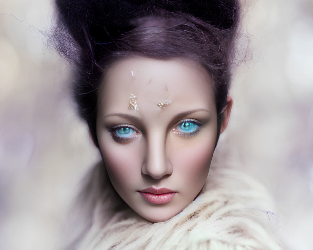 Portrait of Woman with Striking Blue Eyes and Dramatic Makeup