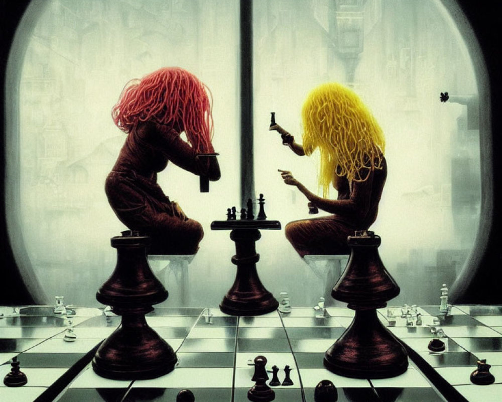 Giant figures with colorful hair playing chess in futuristic cityscape