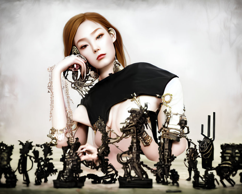 Stylized image of pale woman in black attire with chess pieces