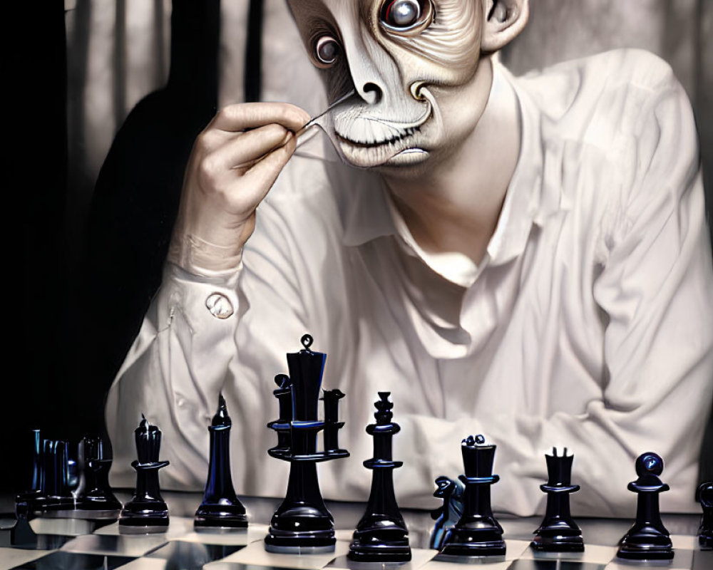 Surreal black and white chess scene with person and exaggerated features