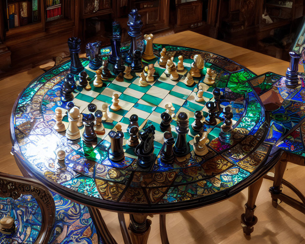 Intricate glass chessboard with midgame pieces on ornate wooden table
