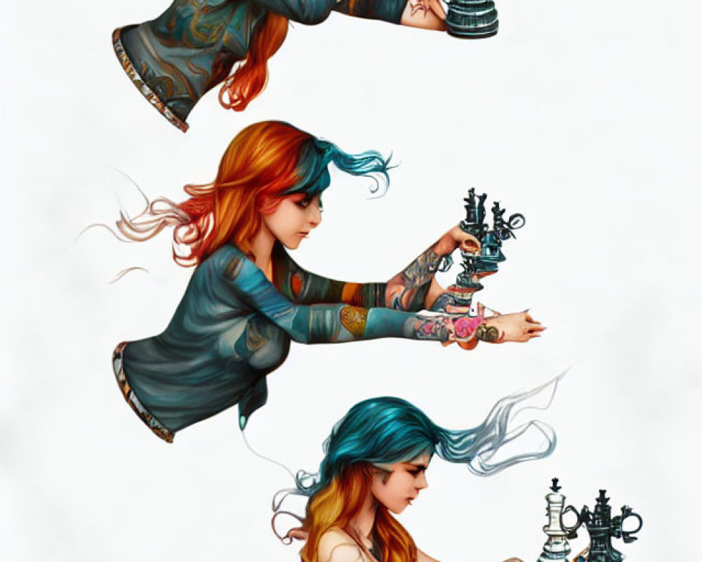 Three stylized illustrations of a tattooed woman playing chess with different hair colors.