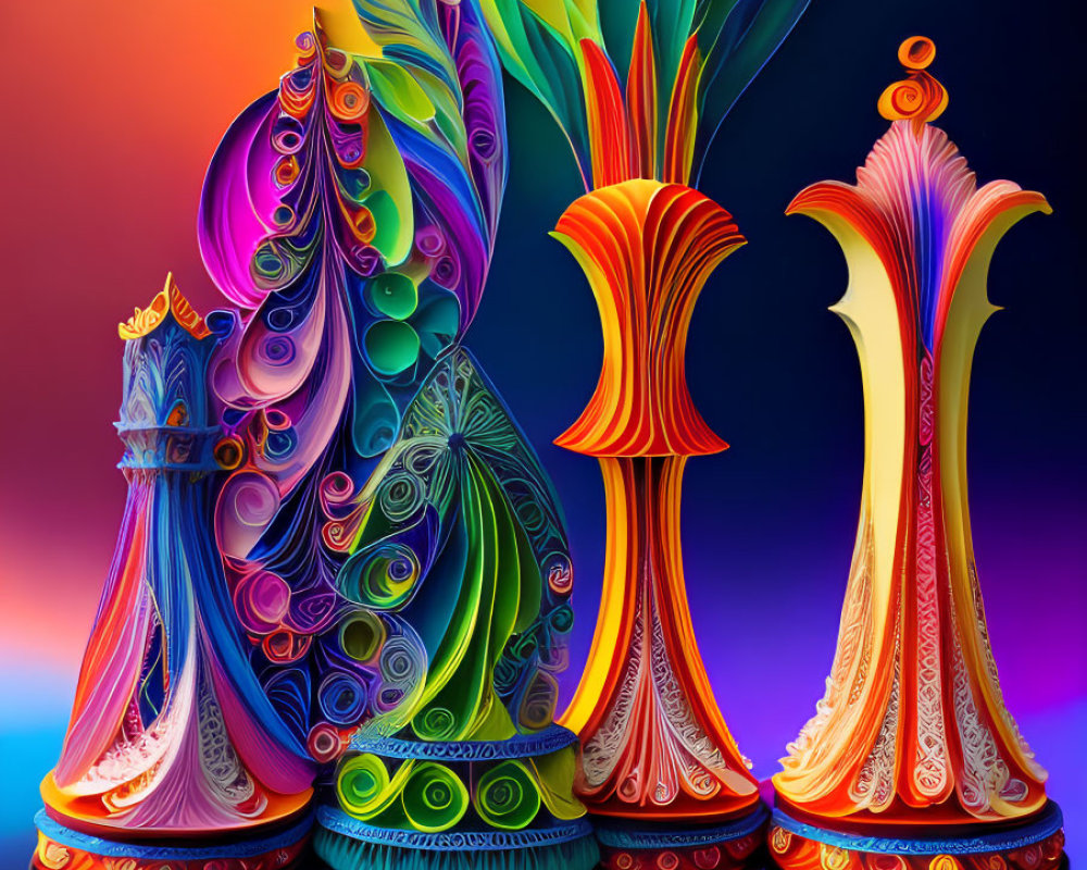 Abstract Digital Art: Colorful Flowers & Sculptures on Reflective Surface