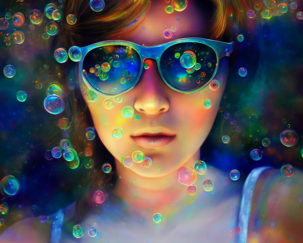 Person in Reflective Sunglasses Surrounded by Colorful Soap Bubbles in Cosmic Setting