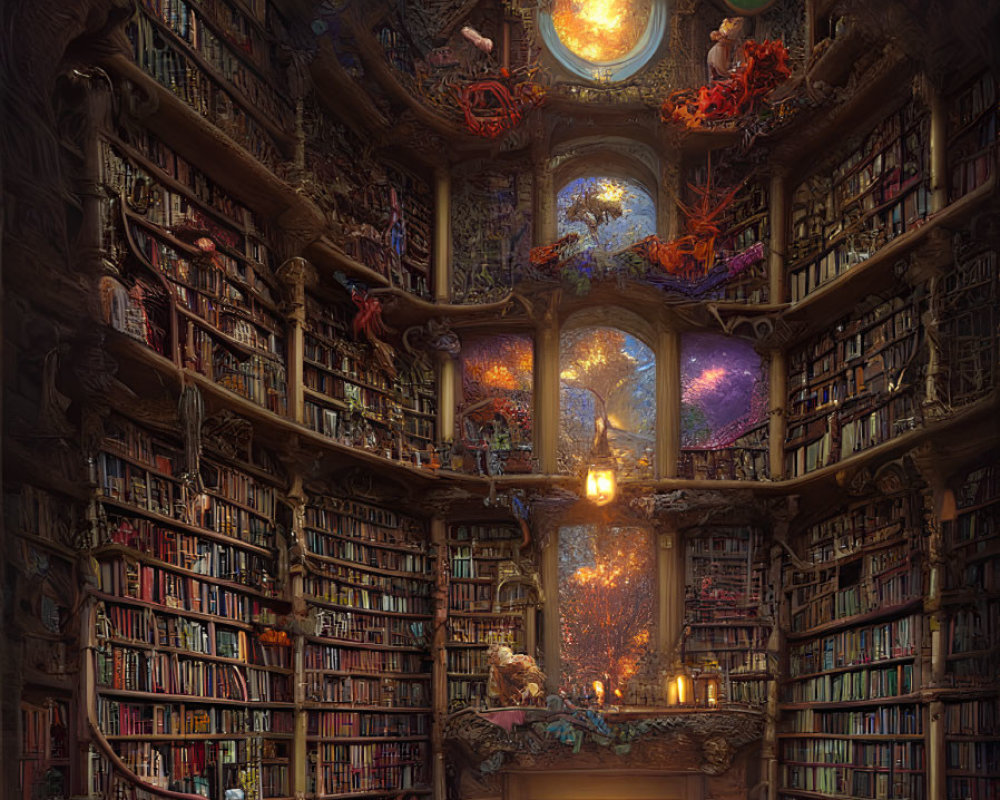 Fantastical library with towering bookshelves and celestial views