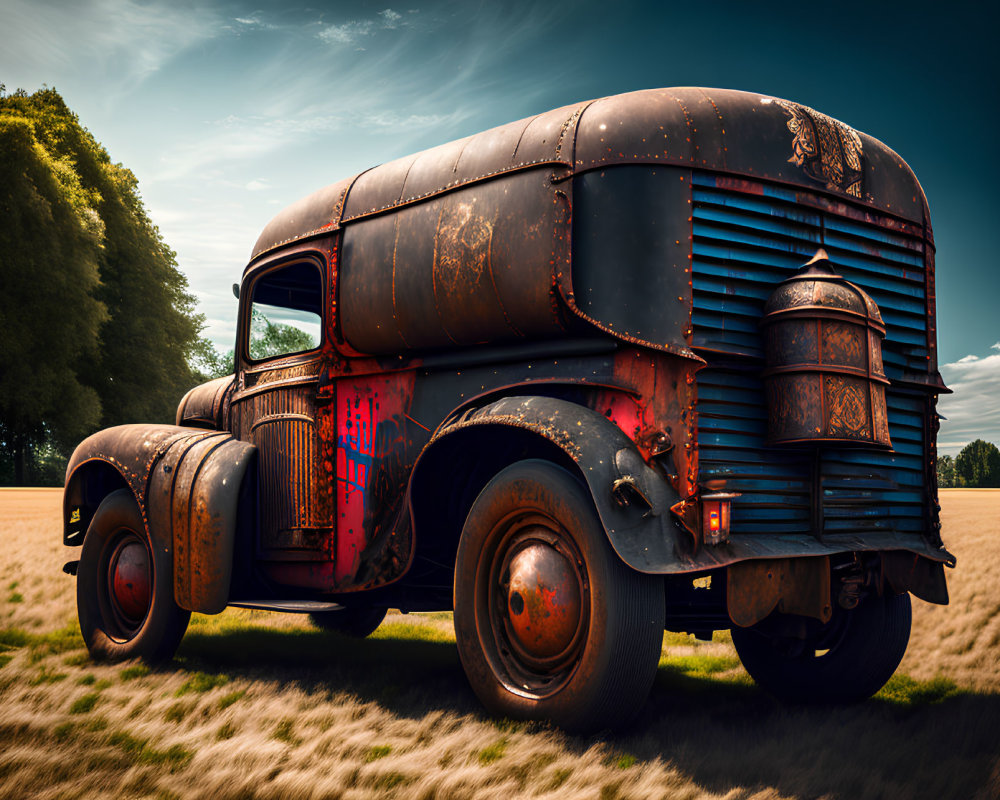 Rust-covered vintage truck in field with green trees under blue sky
