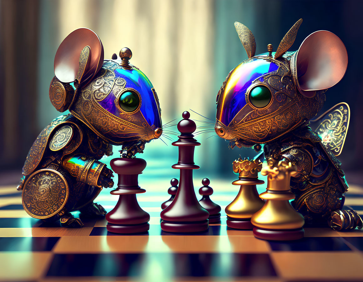 Intricately designed mechanical mice playing chess against softly lit backdrop