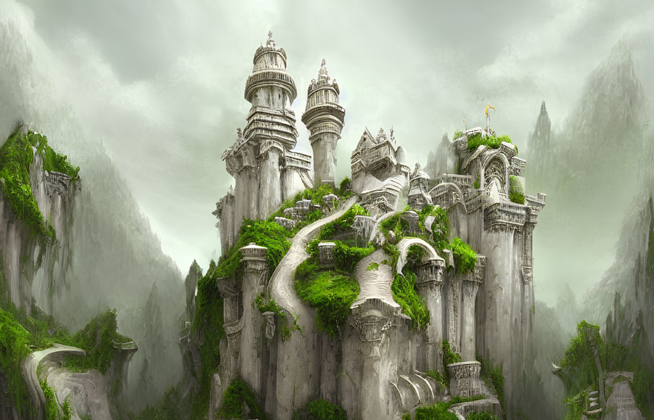 Majestic ancient castle on steep cliff in misty mountains