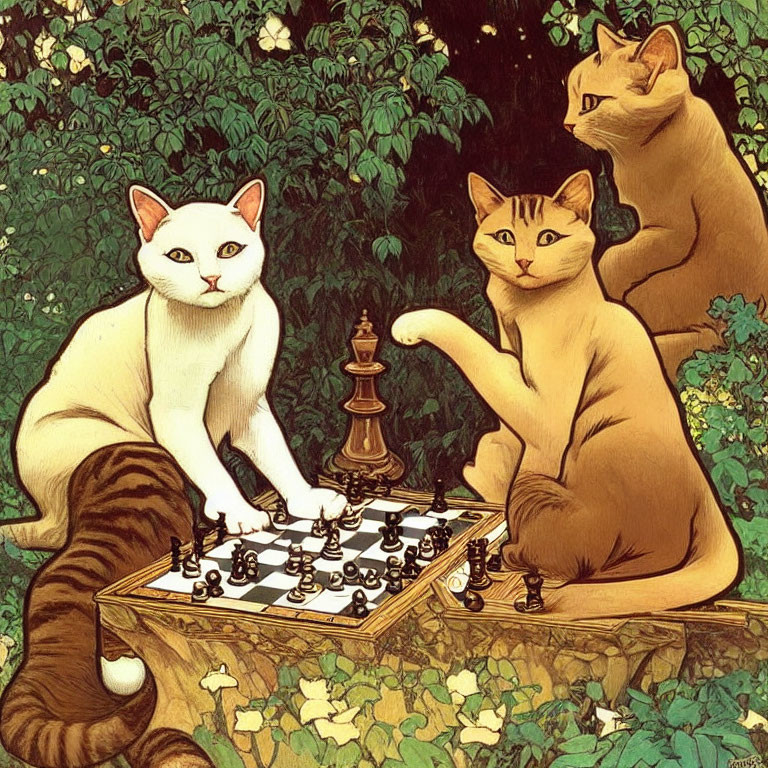 Three Cats Playing Chess in Forest Setting with Lush Greenery