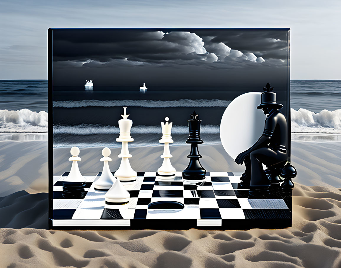 Surreal chessboard with figure on beach blending into stormy sea with ships