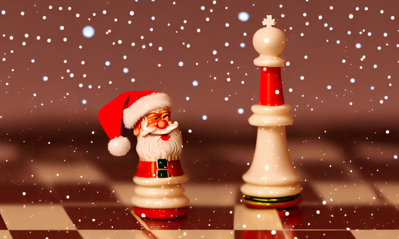 Santa Claus-themed Chess Pawn and White King on Snowy Checkered Board