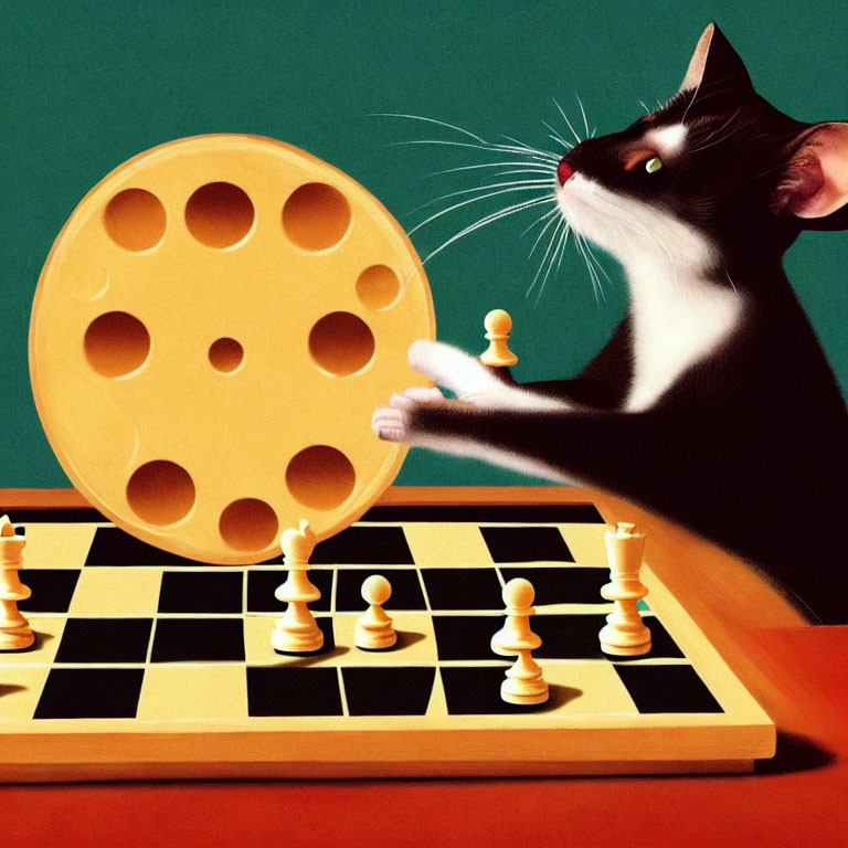 Black and white cat playing chess with giant cheese piece