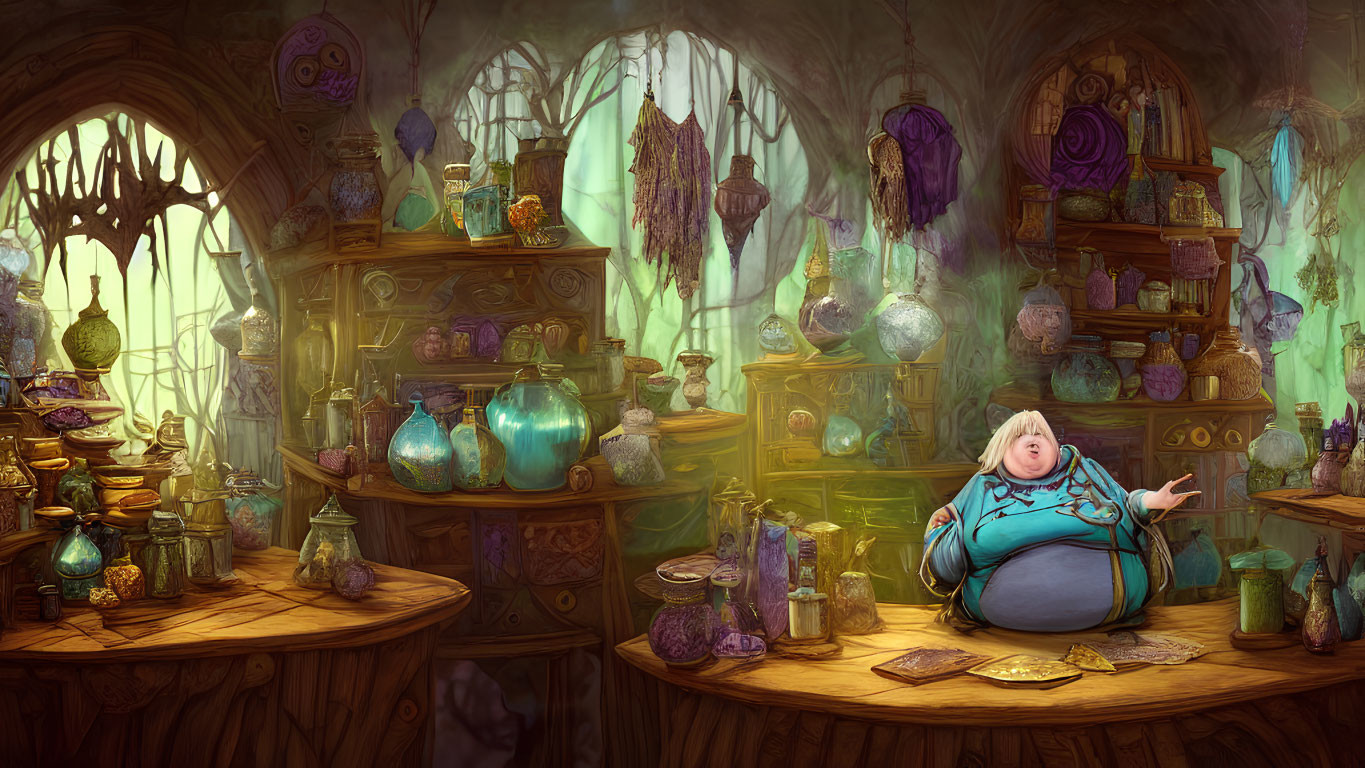 Plump character in blue top in mystical, cluttered shop with magical artifacts