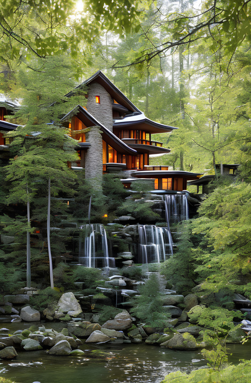 Tranquil multi-level wooden house with waterfall and pond
