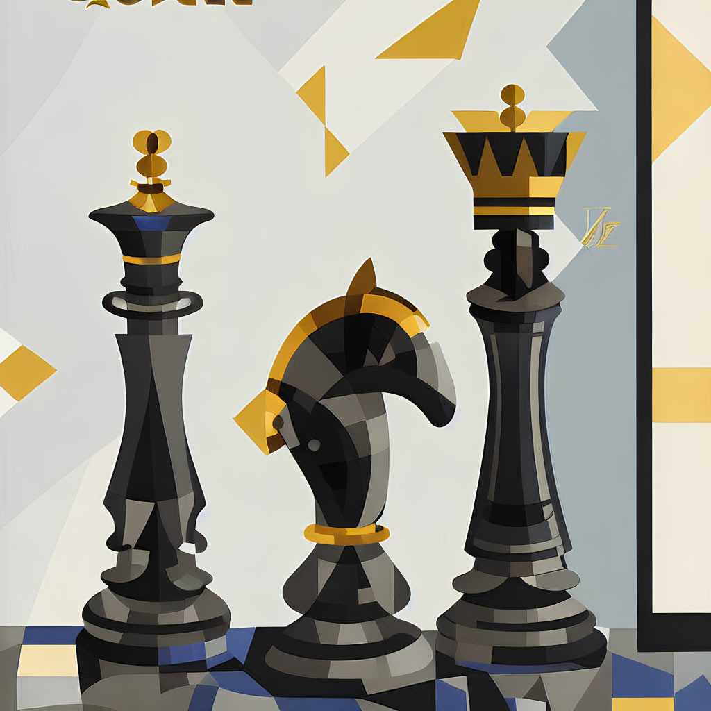 Geometric Chess Pieces Illustration on Patterned Background