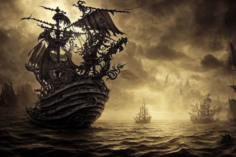 Sepia-Toned Ghostly Pirate Ship Sailing in Ominous Sea