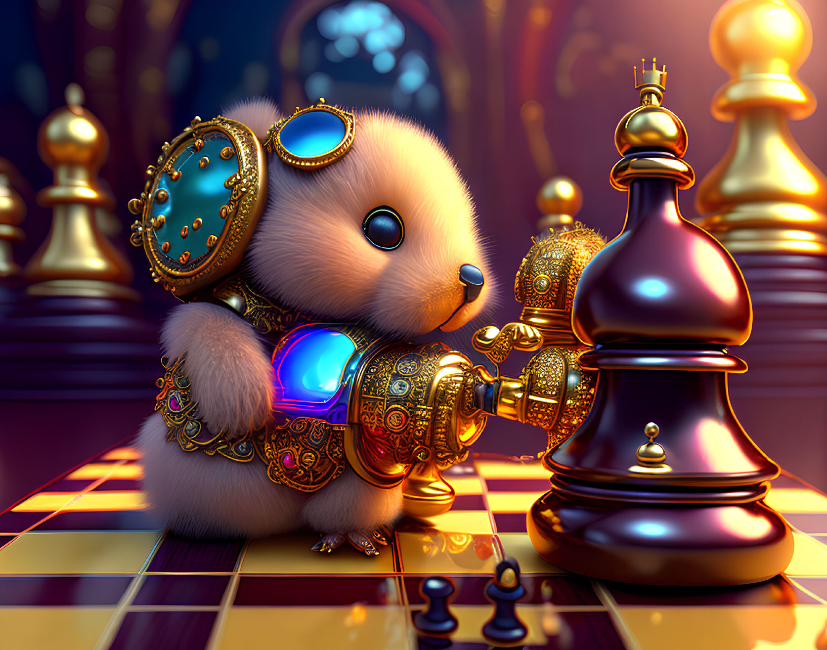 Furry creature in golden armor beside chess pawn on chessboard