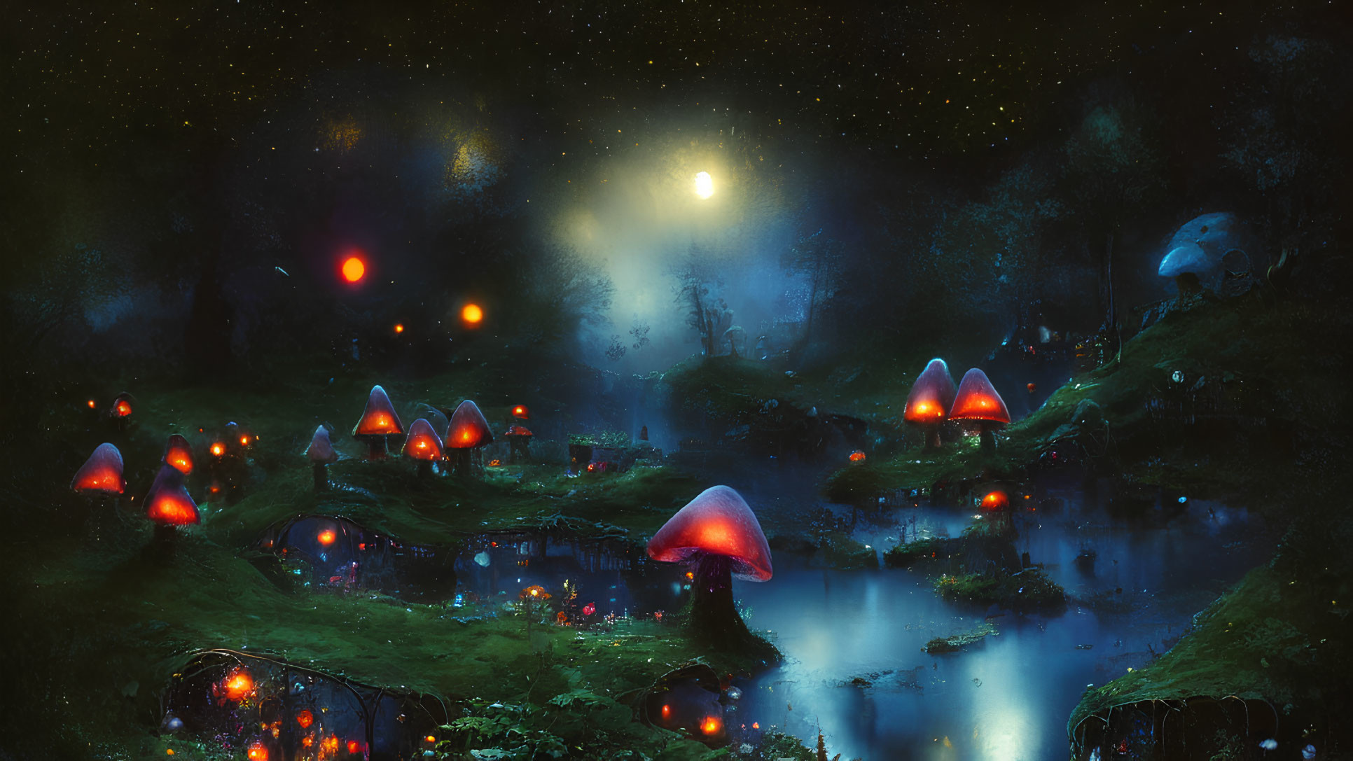 Enchanting night landscape with oversized mushrooms and glowing orbs