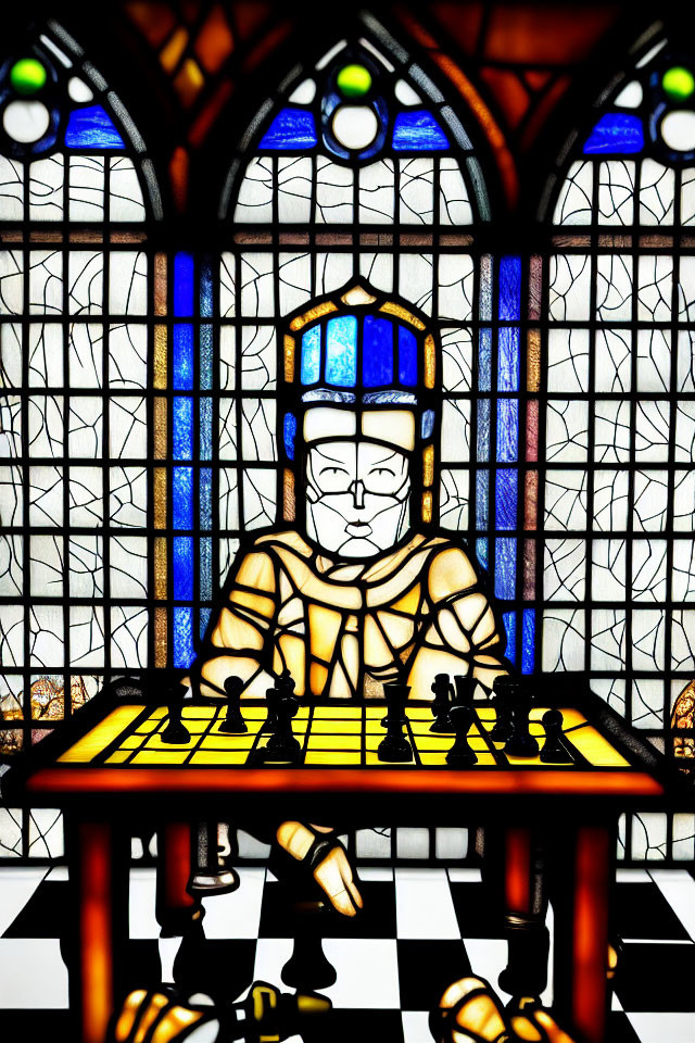 Knight in armor contemplates chess board in stained glass window