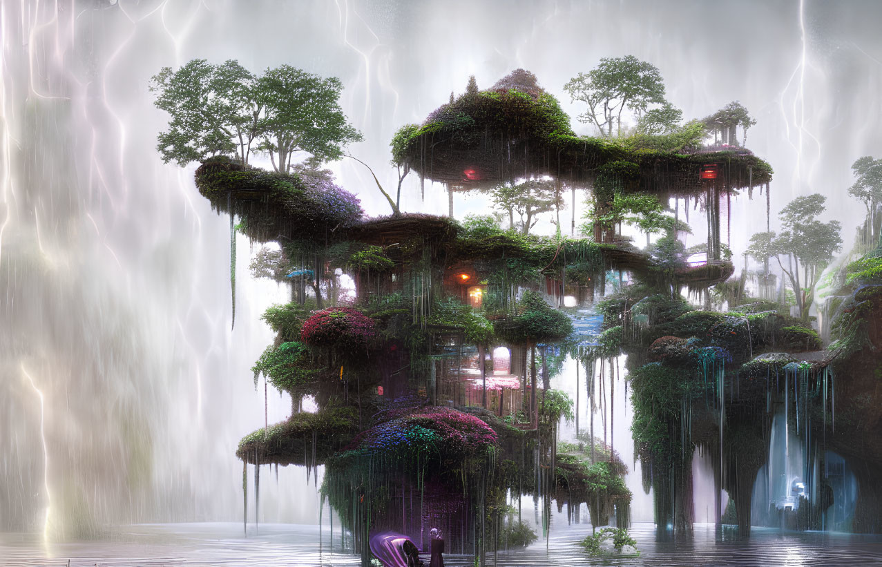 Mystical floating island with greenery and waterfalls in stormy setting