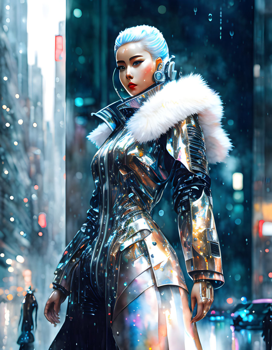 Futuristic woman in silver suit on neon-lit city street