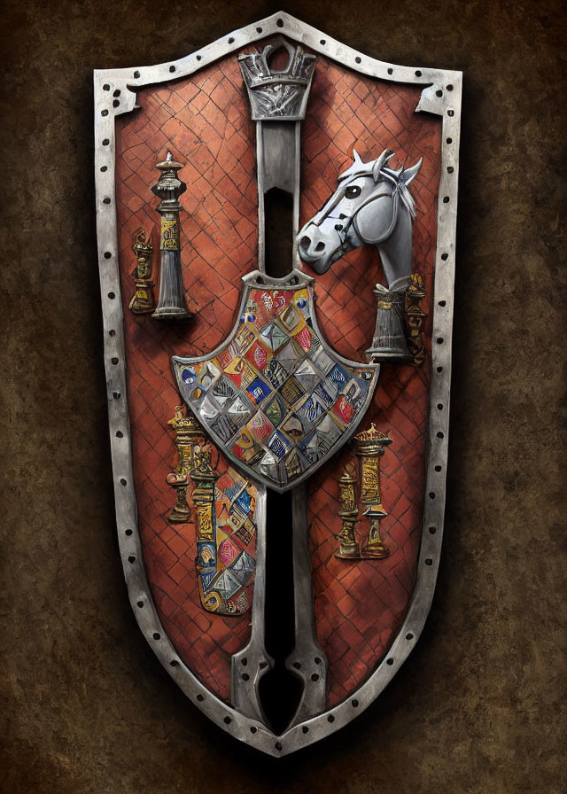 Medieval coat of arms featuring shield, sword, horse head, and panels on red brick background
