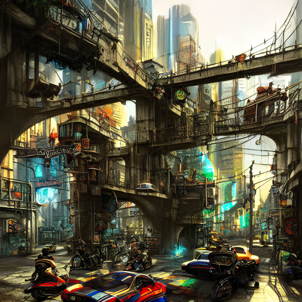 Futuristic cityscape with motorcycles, neon signs, towering buildings, and bridges