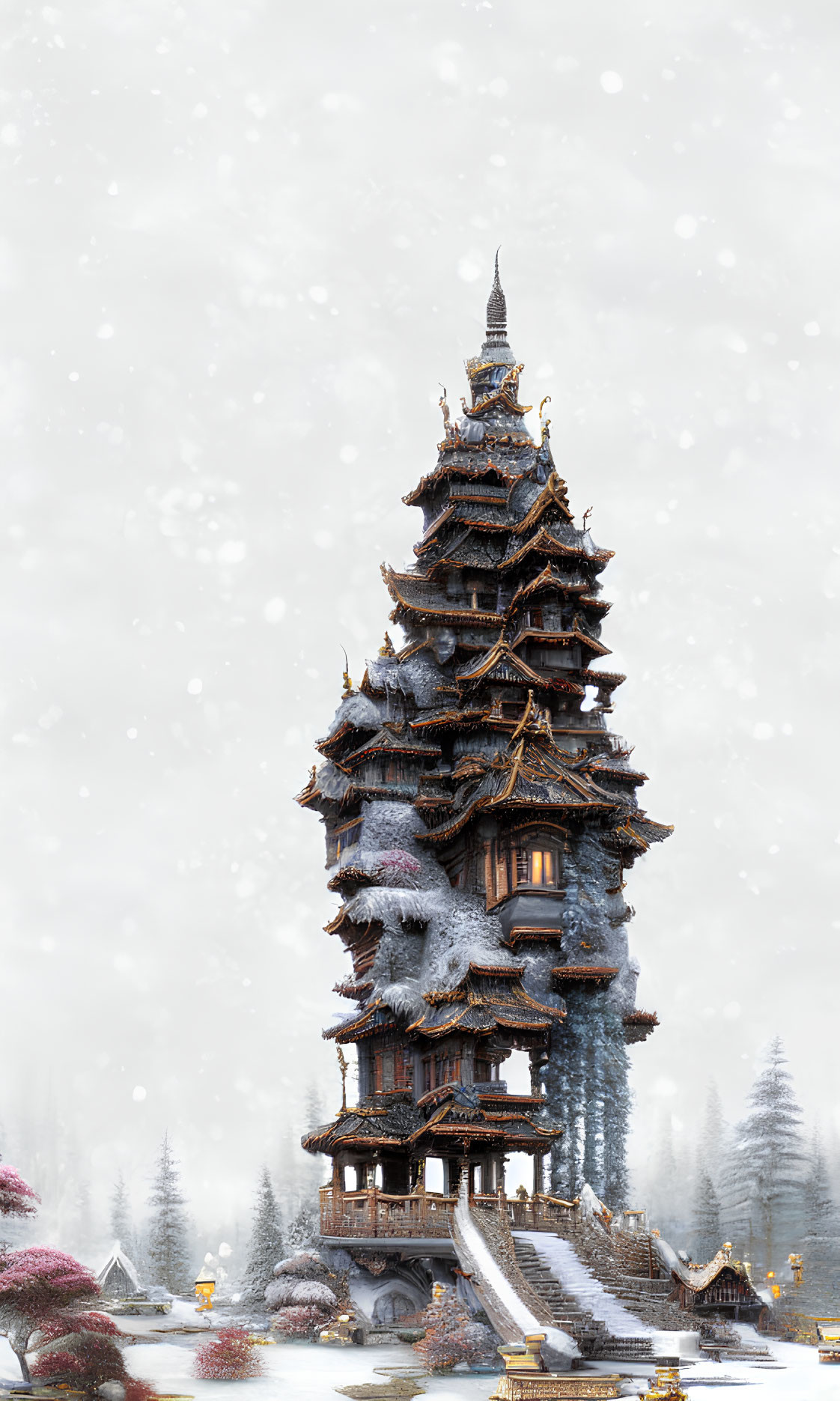 Traditional Asian Pagoda in Snowy Landscape with Pink and White Trees