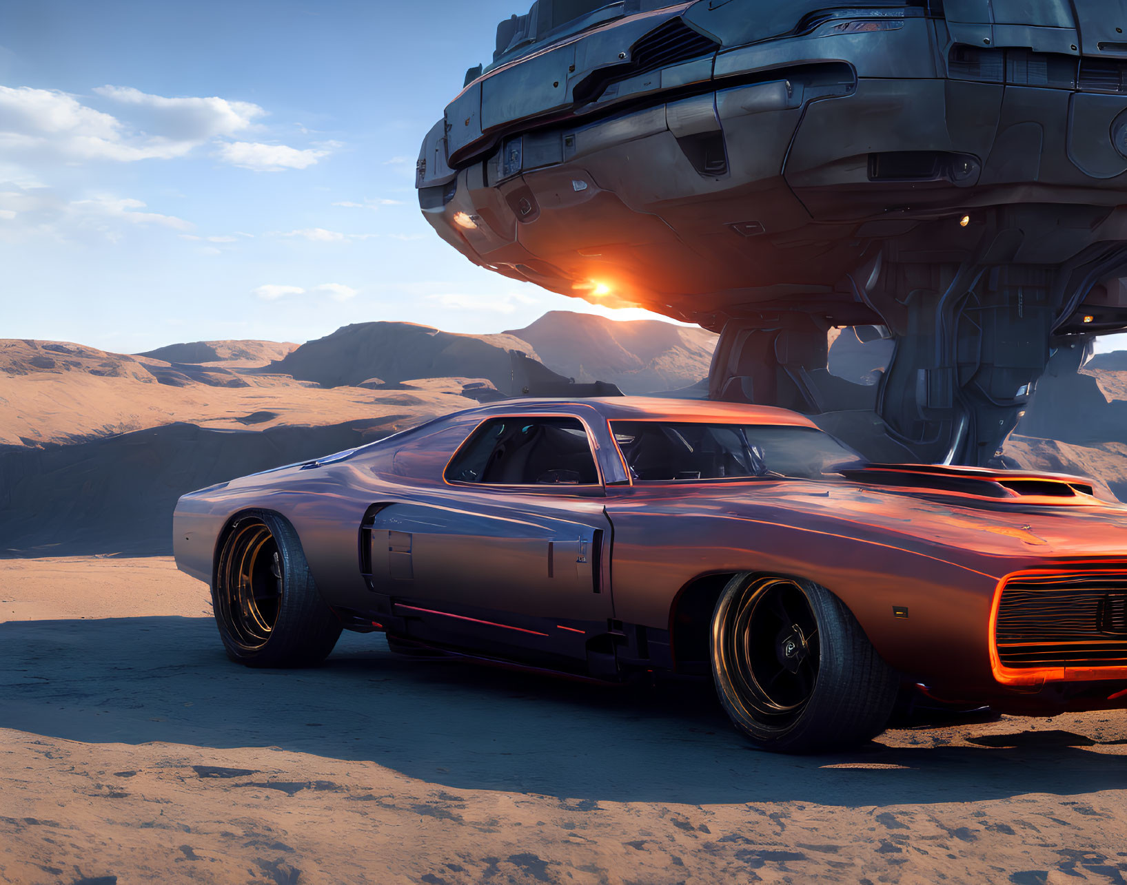 Reflective muscle car parked under futuristic spaceship in desert sunset